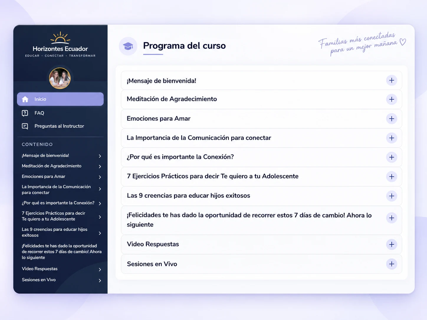 Vista real del contenido del curso 7 Formas de decir te quiero a tu adolescente
